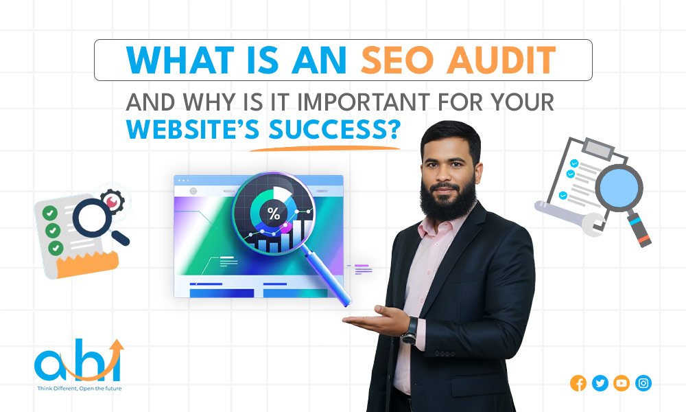 A professional man standing with a confident expression, explaining the importance of an SEO audit for website success, with graphics showcasing website analysis and tools.
