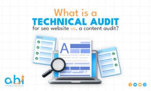 Comparison between a technical seo audit and a content audit on a laptop screen.